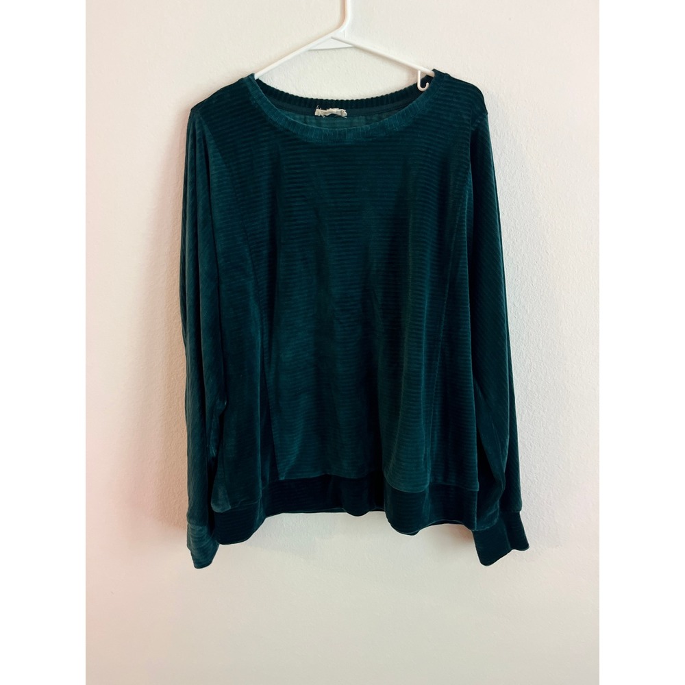 June and Delancey Emerald Green Ribbed Velvet Long Sleeve Top Crew Neck Large